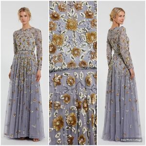 Mac Duggal 5533 Platinum Embellished High Neck Long Sleeve A Line Gown Dress